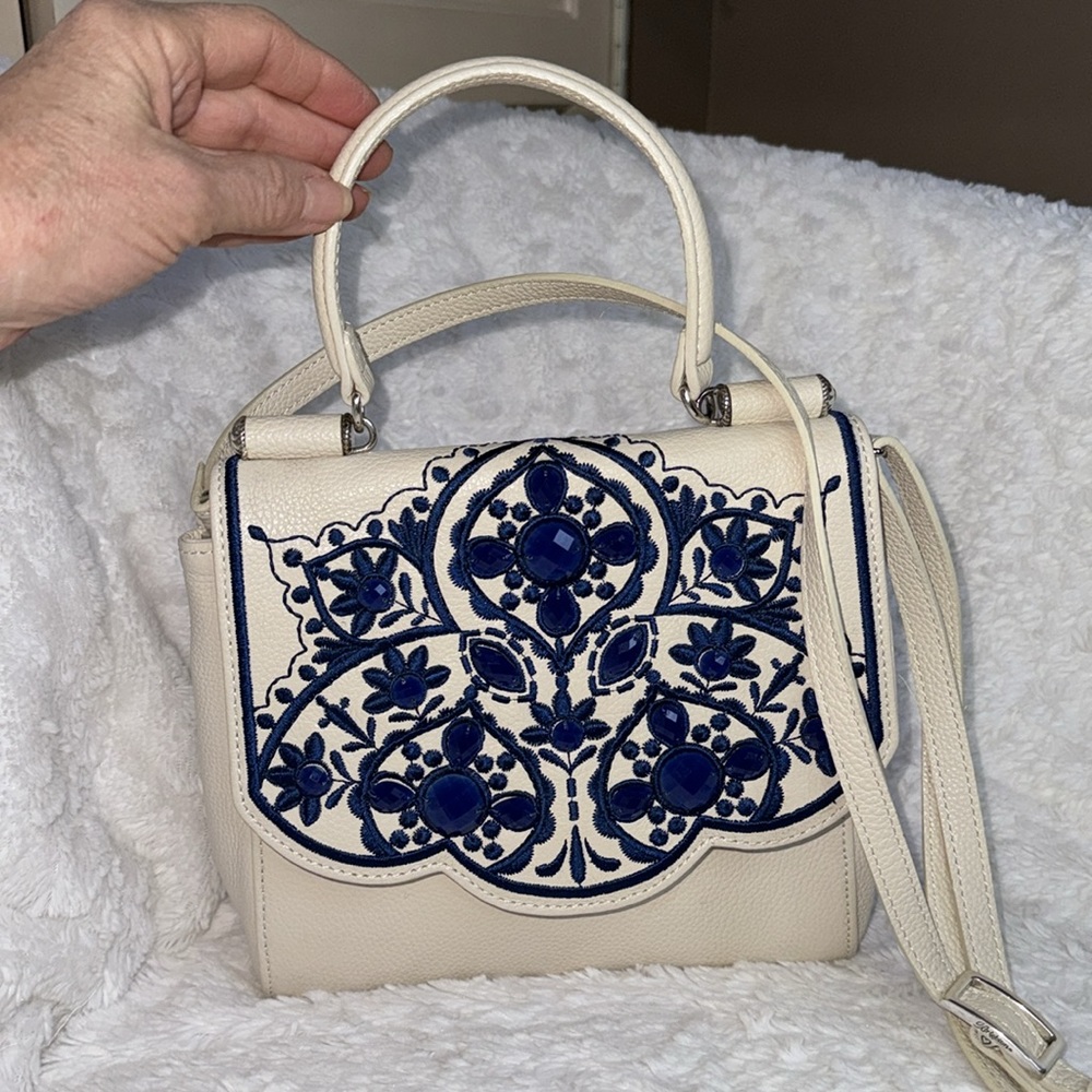 Brighton “MEENA” Cream Blue Jewel Leather Top-Handle Leather Crossbody P… - Picture 3 of 12